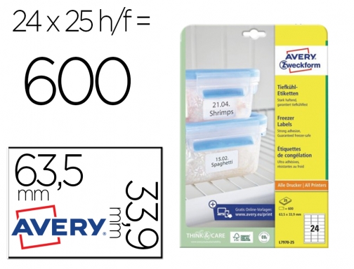 Etiqueta adhesiva Avery para congelador blanca 63,5x33,9 mm ink-jet laser  fotocopiadorapack de L7970-25