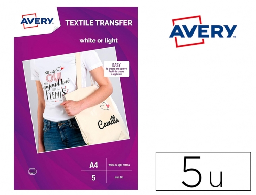 Papel transfer Avery para camisetas algodon color blanco ink-jet Din A4  pack MD1001