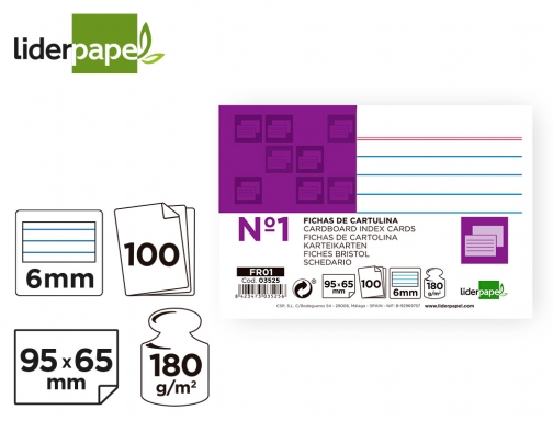 Ficha Liderpapel rayada n1 65x95 mm 180g m2 paquete de 100 unidades 03525, imagen 3 mini