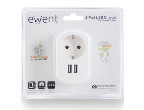 Cargador Ewent pared 2 puertos usb 3.4 a cargador con toma de EW1211, imagen 5 mini