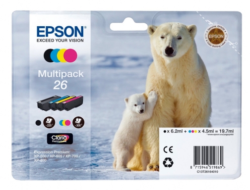 Inkjet Epson 26xp 600 605 700 800 amarillo cian magenta negro 300 C13T26164010, imagen 2 mini