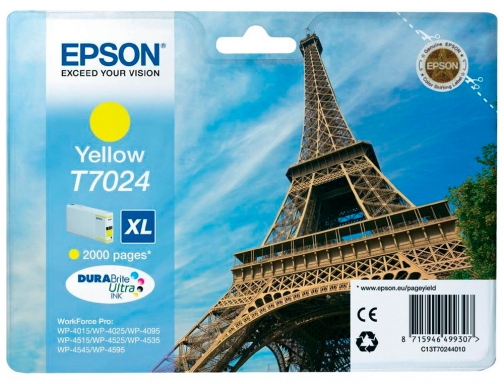 Inkjet Epson stylus t7024 amarillo XL wp4000 4500 capacidad 2400 pag C13T70244010, imagen 2 mini