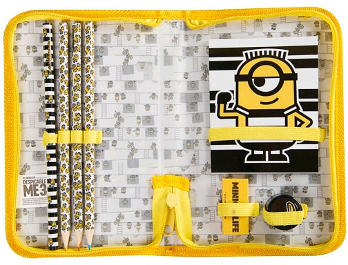 Bolso portatodo con cremallera minions con libreta goma sacapuntas y lapices colores Sambro MIN136135, imagen 2 mini