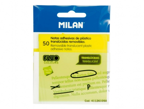 Bloc de notas adhesivas quita y pon Milan 76x76 mm removible plastico 411261050 , amarillo fluor, imagen 3 mini