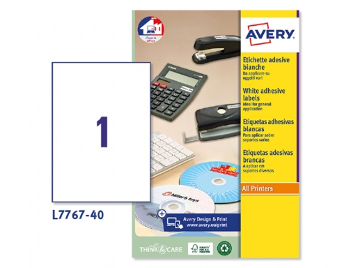 Etiqueta adhesiva Avery blanca brillante laser 210x297 mm caja de 40 unidades L776740, imagen 3 mini