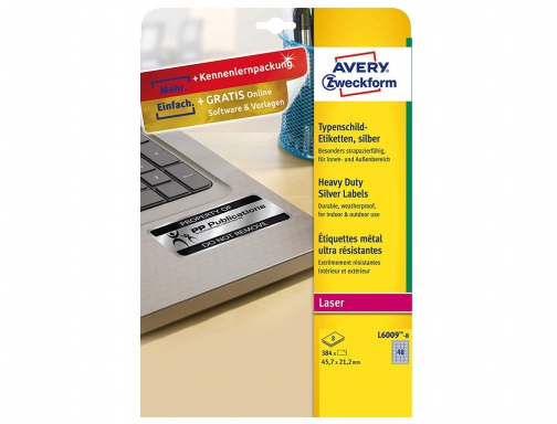 Etiqueta adhesiva resistente Avery poliester plata 45,7x21,2 mm laser pack de 8 L60098, imagen 2 mini