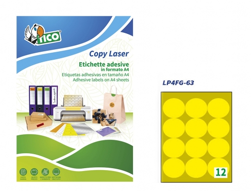 Etiqueta adhesiva tico amarill o fluorescentes permanente fsclaser inkjet fotocopia redondA63,5 mm Avery LP4FG-63, imagen 3 mini