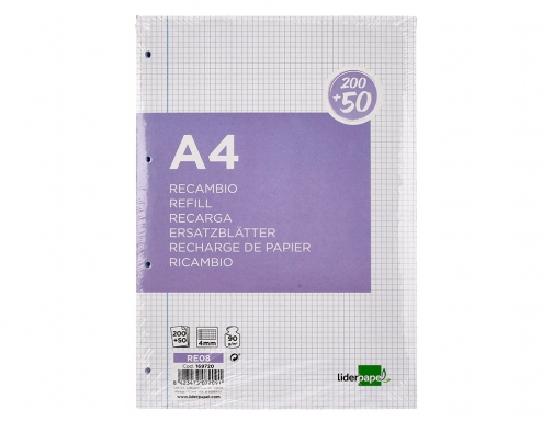 Recambio Liderpapel A4 200+50 hojas 90g m2 cuadro 4 mm con margen 169720, imagen 3 mini