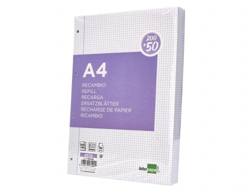 Recambio Liderpapel A4 200+50 hojas 90g m2 cuadro 4 mm con margen 169720, imagen 4 mini