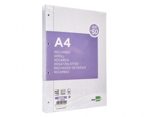 Recambio Liderpapel A4 200+50 hojas 90g m2 cuadro 4 mm con margen 169720, imagen 5 mini